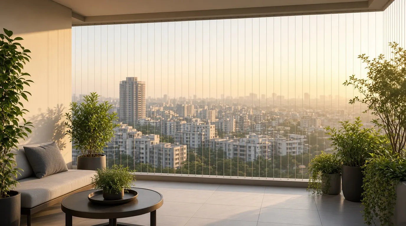 Modern apartment balcony in Bangalore with nearly invisible safety grill and safety net installation